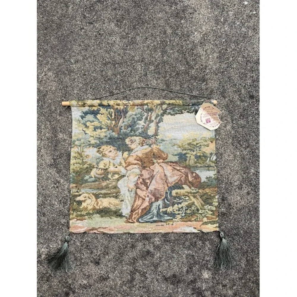 Cottagecore Rococo American Crafts Wall Hanging 16x16 Pastoral Tapestry Decor